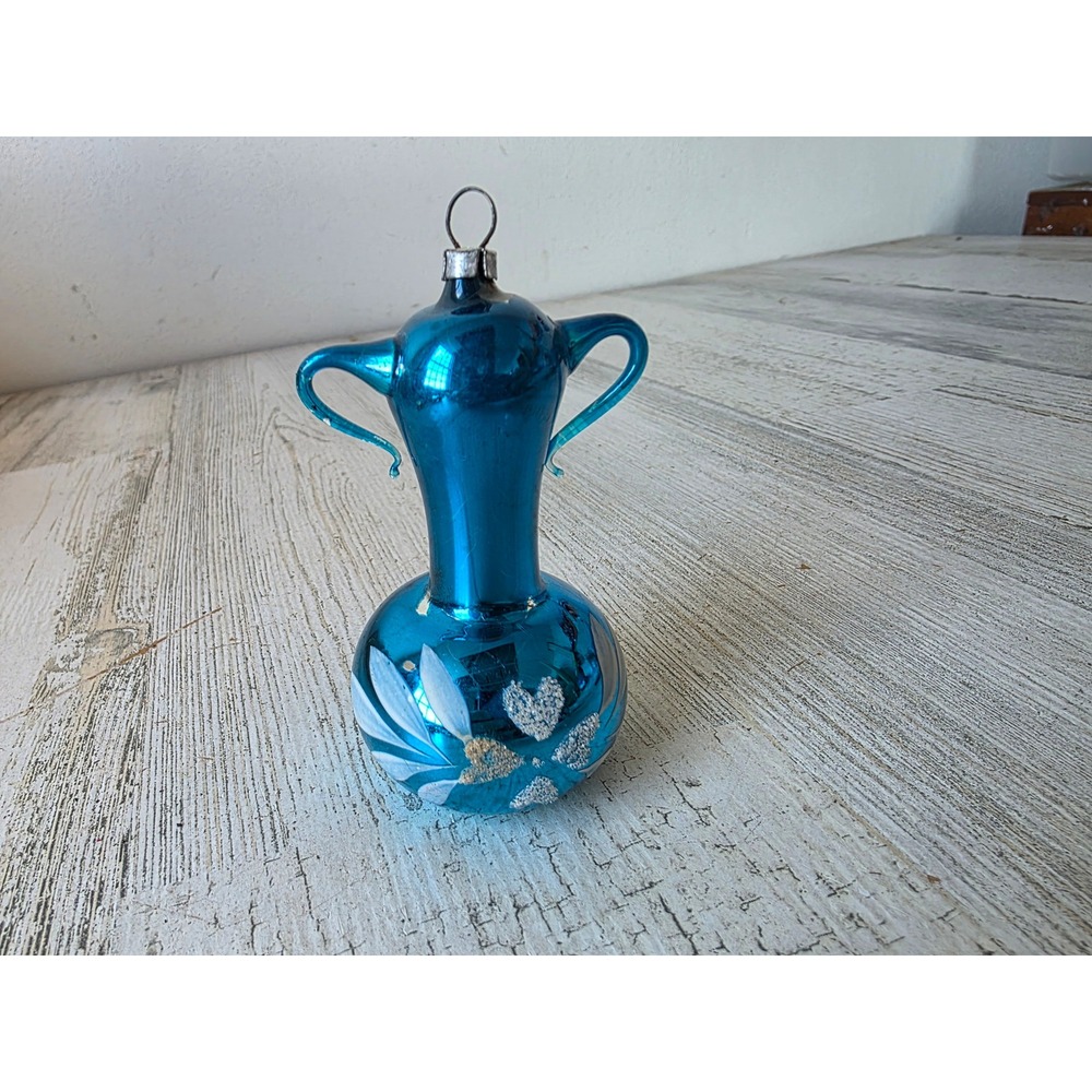 Vintage blue teapot mercury glass mica ornament painted flowers hearts Xmas tree